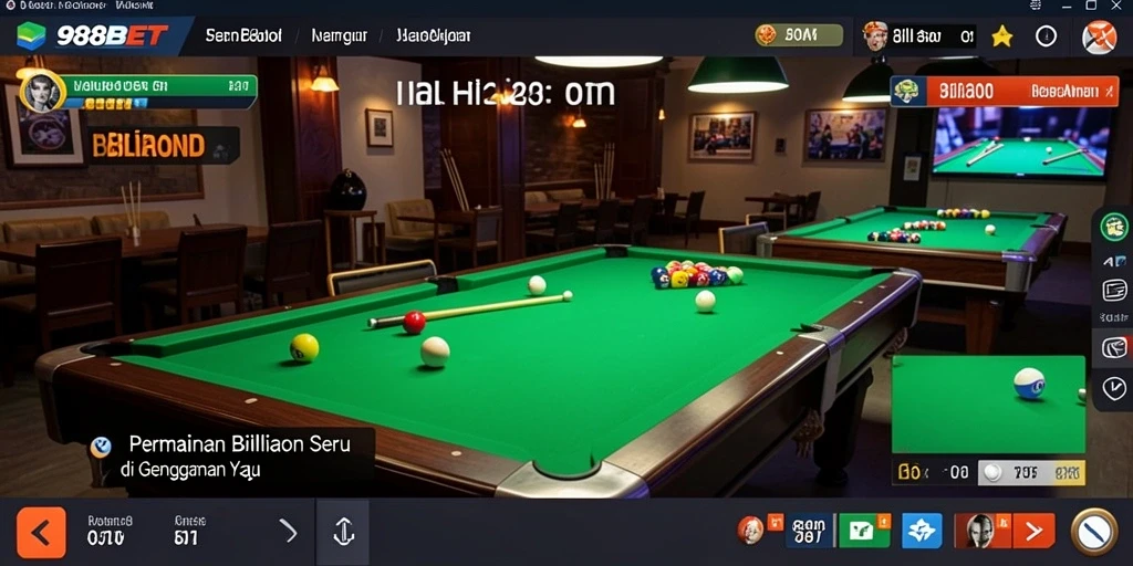 Antarmuka permainan bawaan 988BET yang menampilkan meja billiard dan cue.