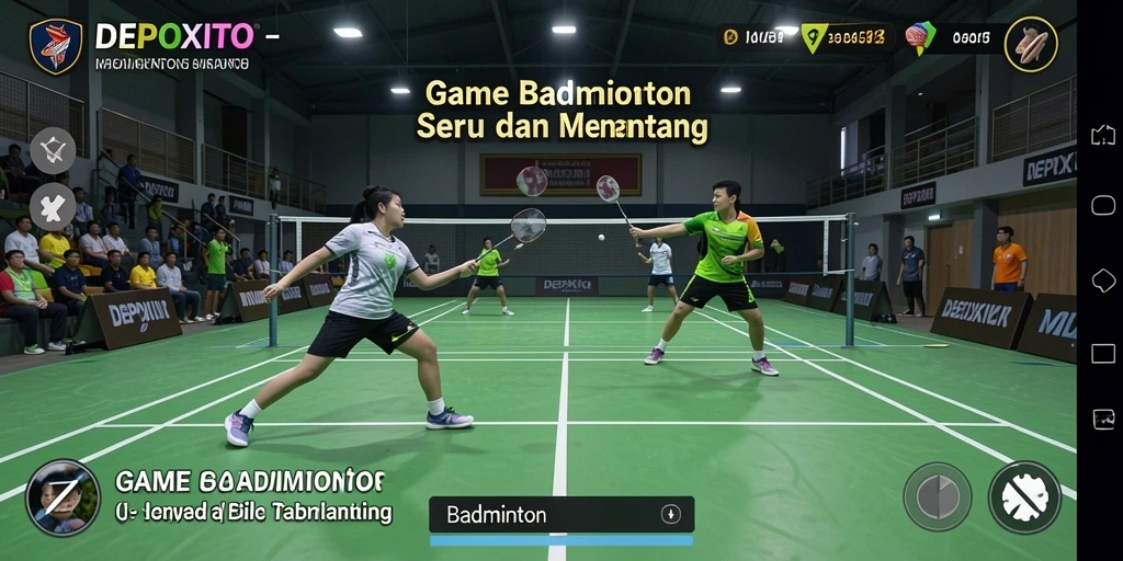 Antarmuka menarik dari game DEPOXITO yang menampilkan lapangan badminton.