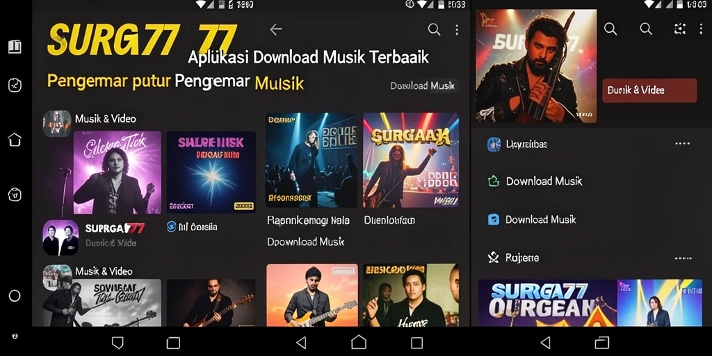 Antarmuka aplikasi SURGA77 yang memudahkan pengunduhan musik.